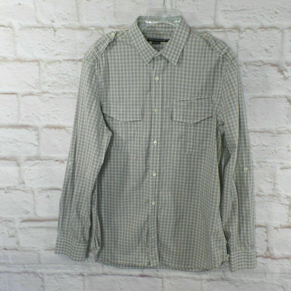 French Connection Plaid L/S button front Stretch Shirt Sz. L Roll Tab Sleeves